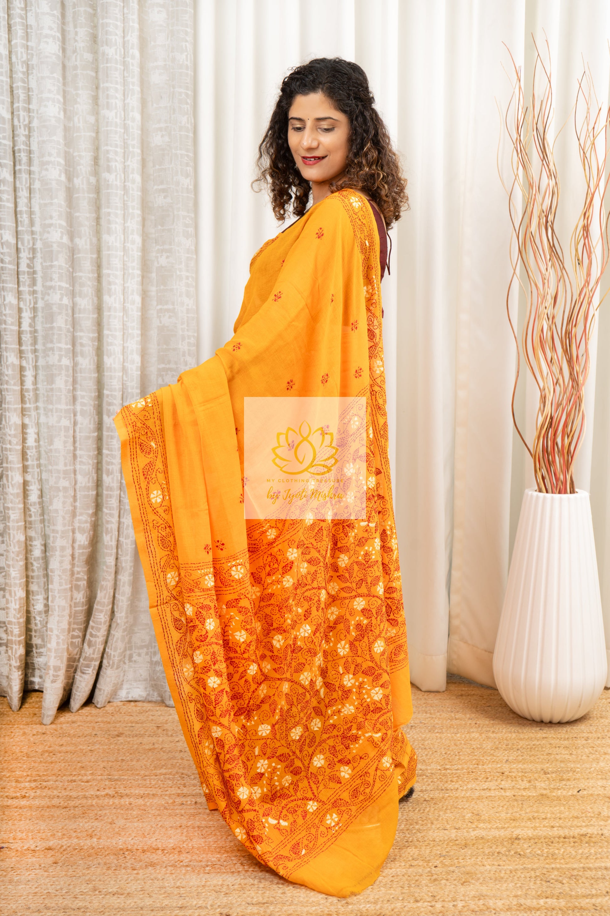 Handwoven Mulmul Kantha Saree- Mustard Yellow