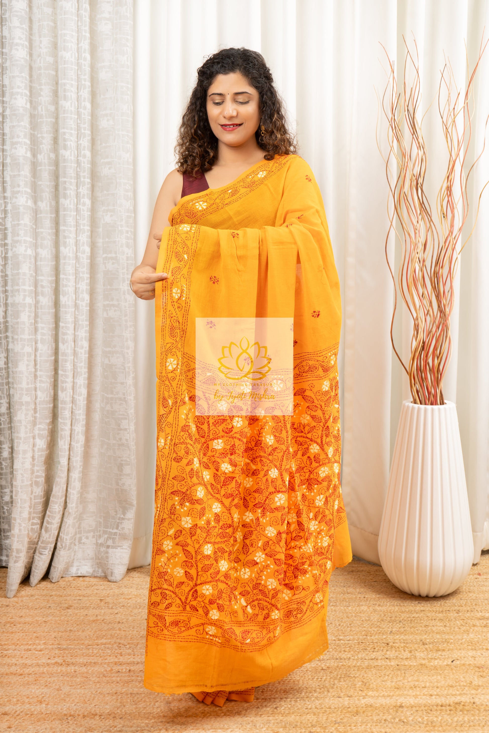 Handwoven Mulmul Kantha Saree- Mustard Yellow