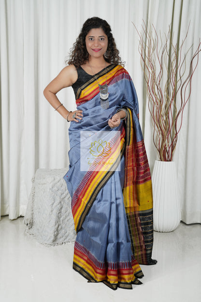 Kathifera Triple Border Ikkat Khandua Silk Saree - Grey