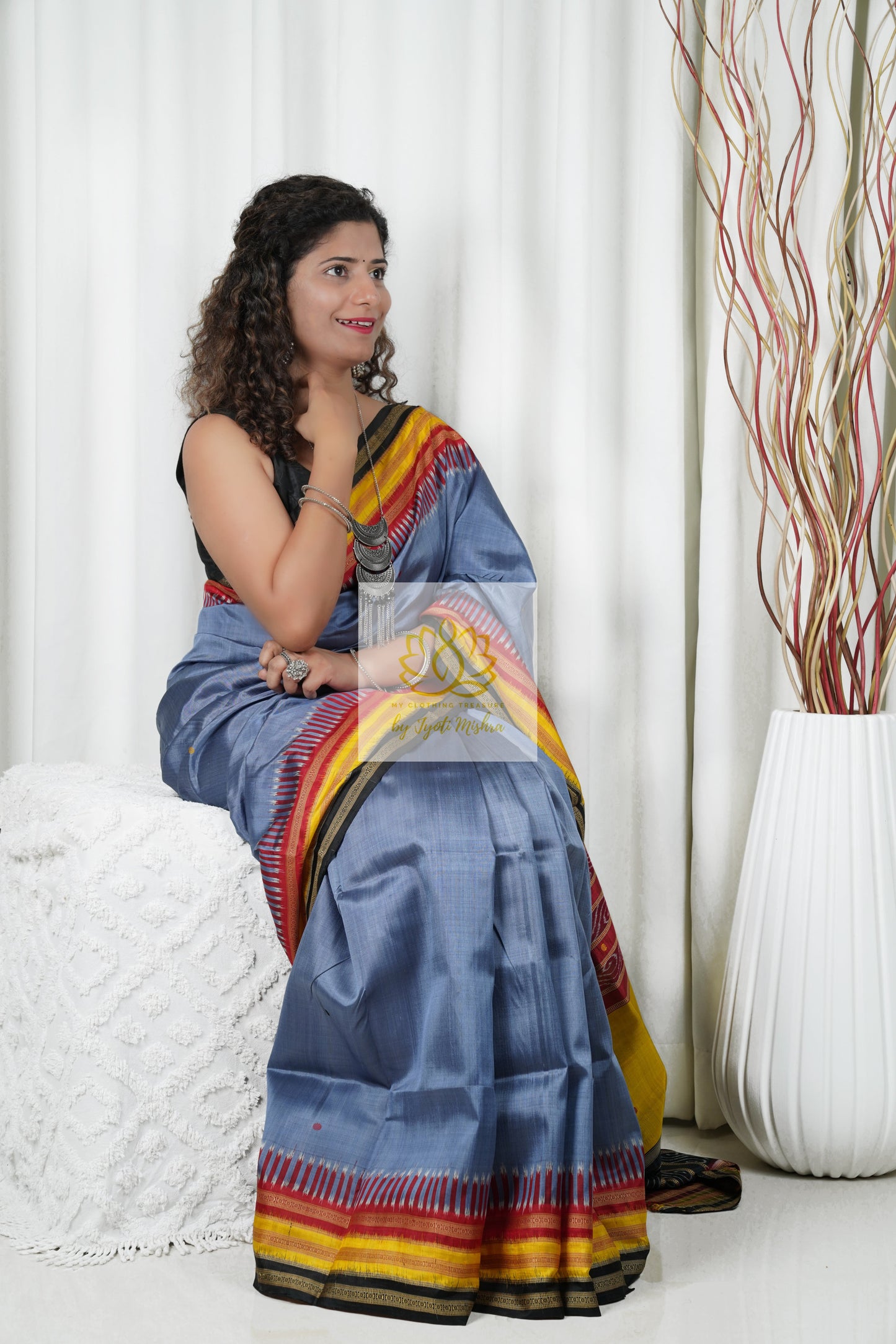 Kathifera Triple Border Ikkat Khandua Silk Saree - Grey