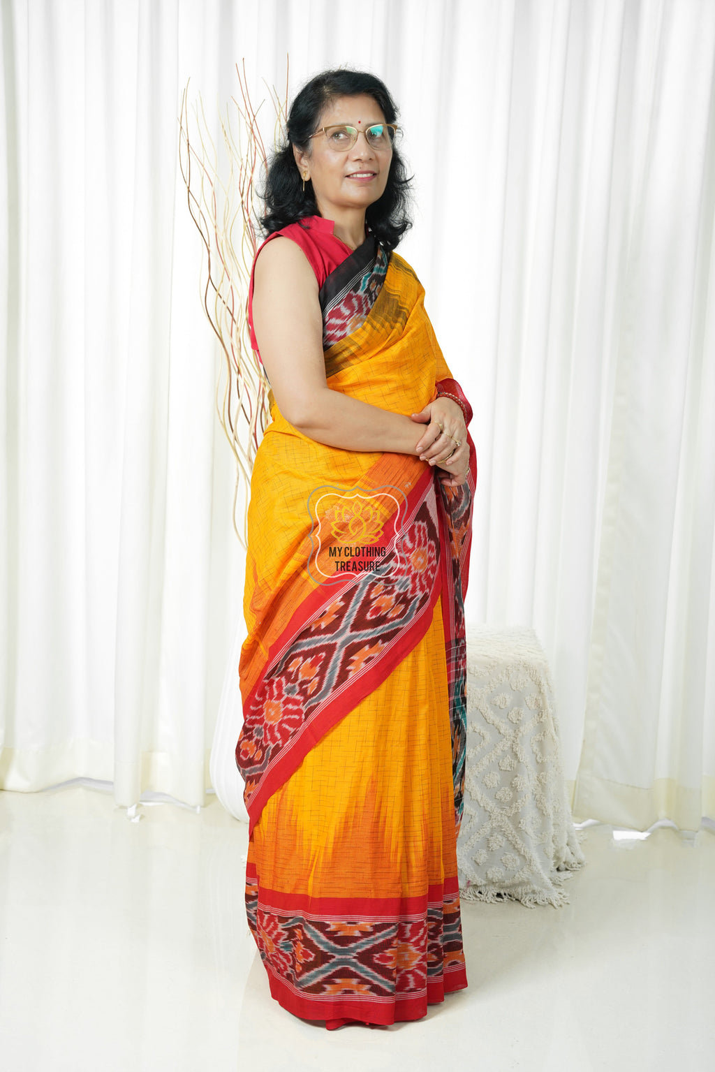 Khandua Cotton Saree Scott Ganga Jamuna Border- Yellow 2