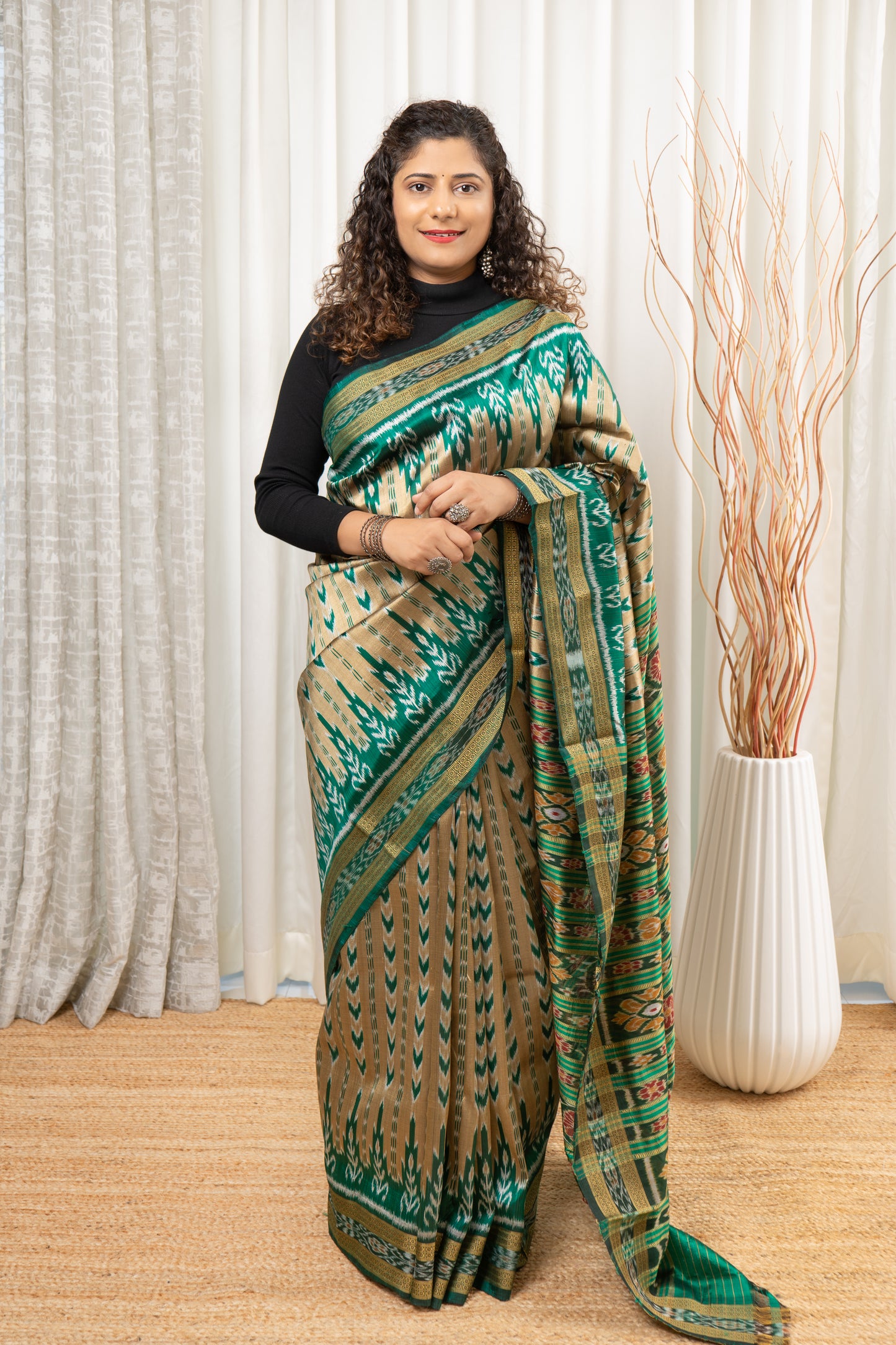 Odisha Ikkat Pure Silk Saree- Pale Gold-Green