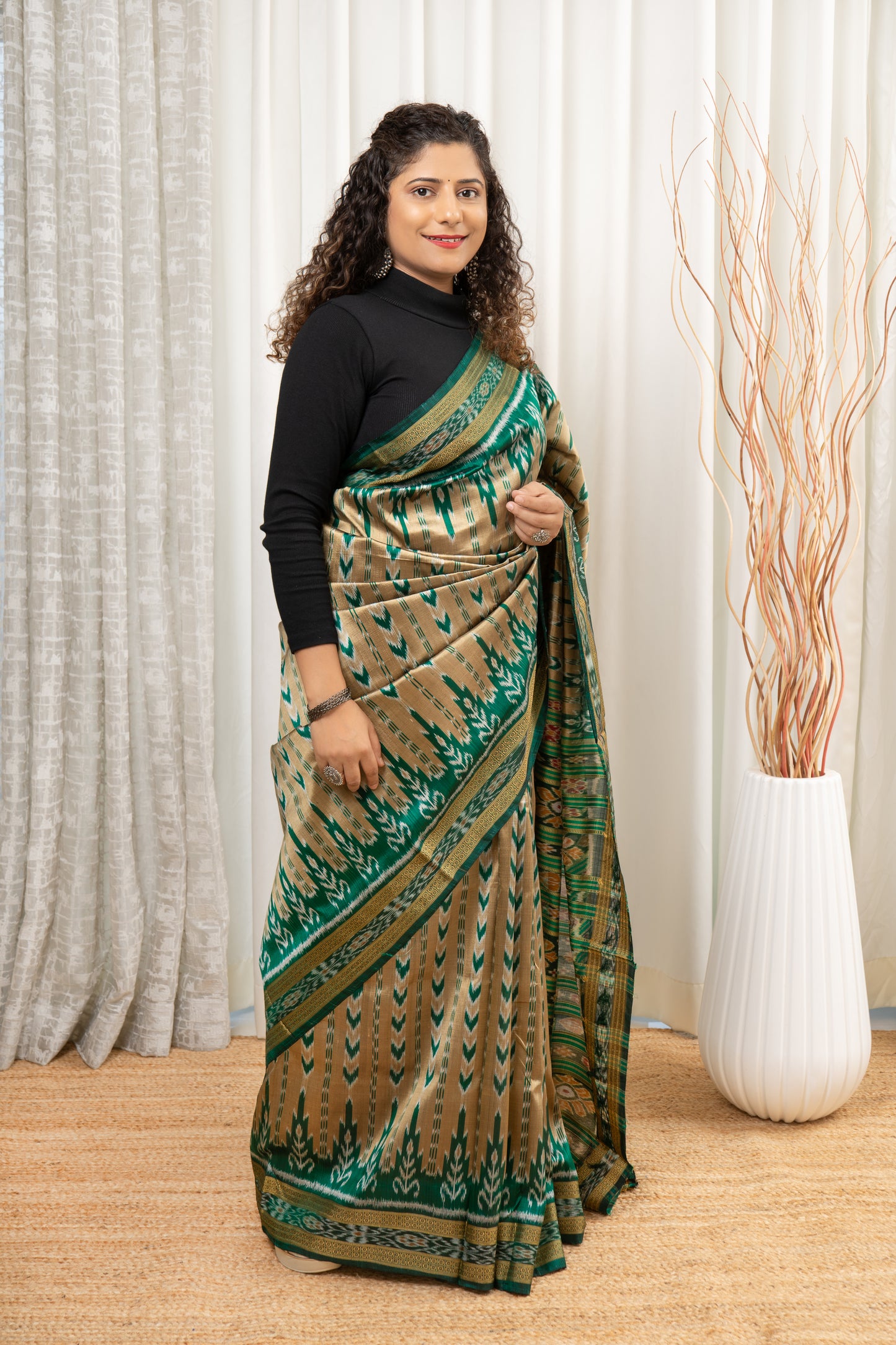 Odisha Ikkat Pure Silk Saree- Pale Gold-Green