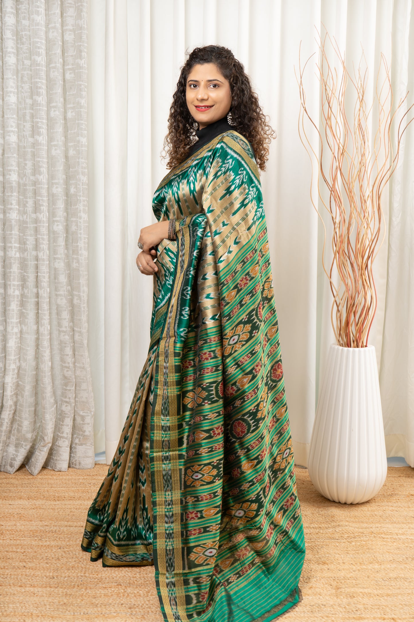 Odisha Ikkat Pure Silk Saree- Pale Gold-Green