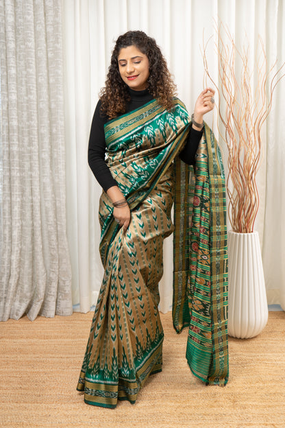 Odisha Ikkat Pure Silk Saree- Pale Gold-Green