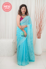 Load image into Gallery viewer, Kota Cotton Hand Chikankari Saree With Blouse Piece- Blue
