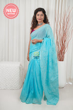 Load image into Gallery viewer, Kota Cotton Hand Chikankari Saree With Blouse Piece- Blue
