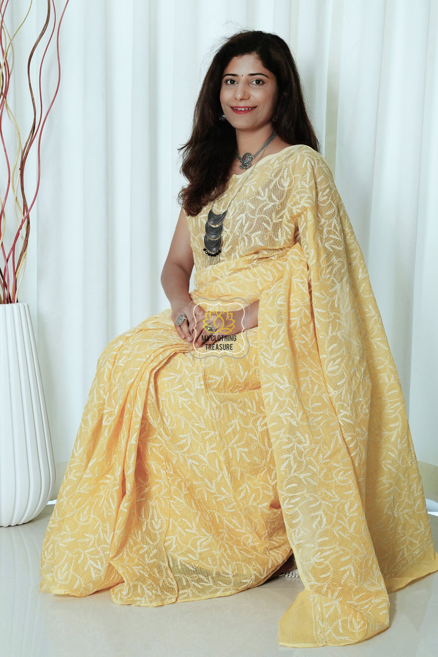 Kota Cotton Saree With Tepchi Chikankari Work- Amber Yellow