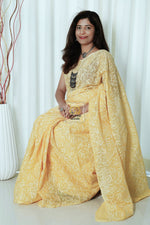 Load image into Gallery viewer, Kota Cotton Saree With Tepchi Chikankari Work- Amber Yellow
