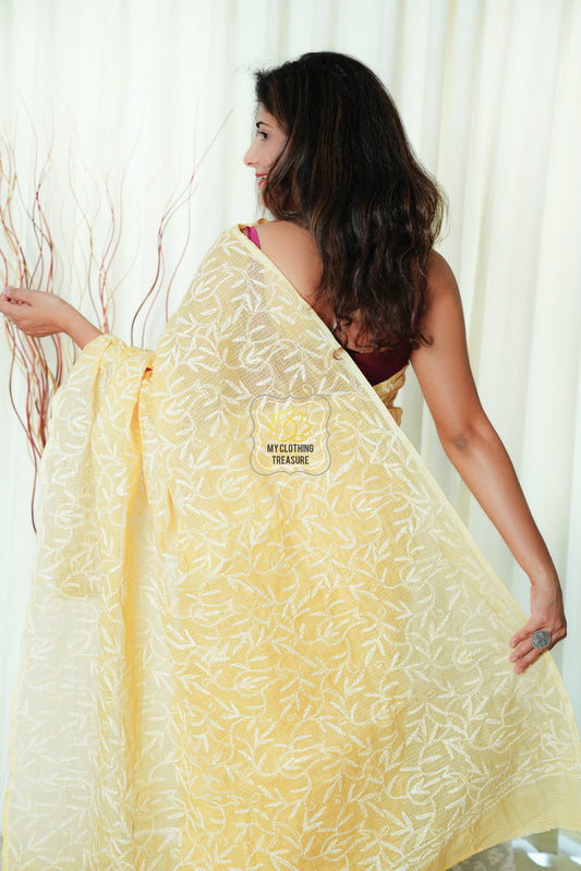 Kota Cotton Saree With Tepchi Chikankari Work- Amber Yellow