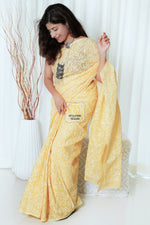 Load image into Gallery viewer, Kota Cotton Saree With Tepchi Chikankari Work- Amber Yellow
