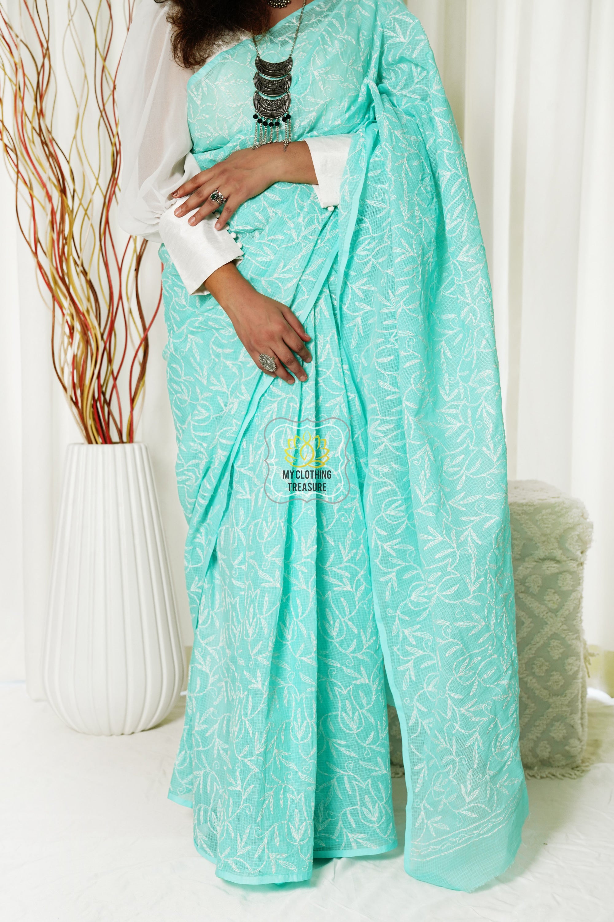 Kota Cotton Saree With Tepchi Chikankari Work- Pastel Mint