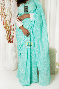 Kota Cotton Saree With Tepchi Chikankari Work- Pastel Mint