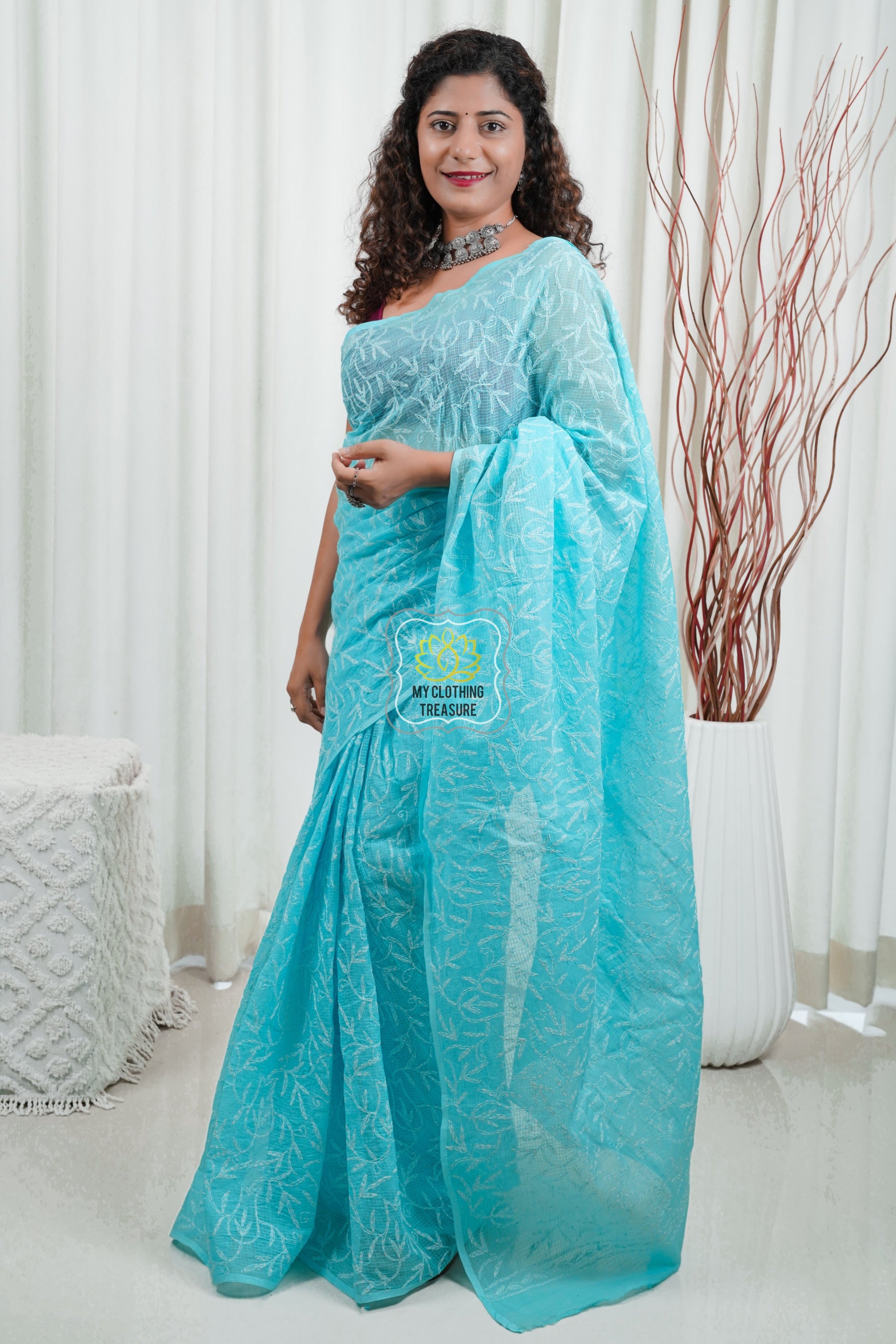 Kota Cotton Saree With Tepchi Chikankari Work-Sky Blue