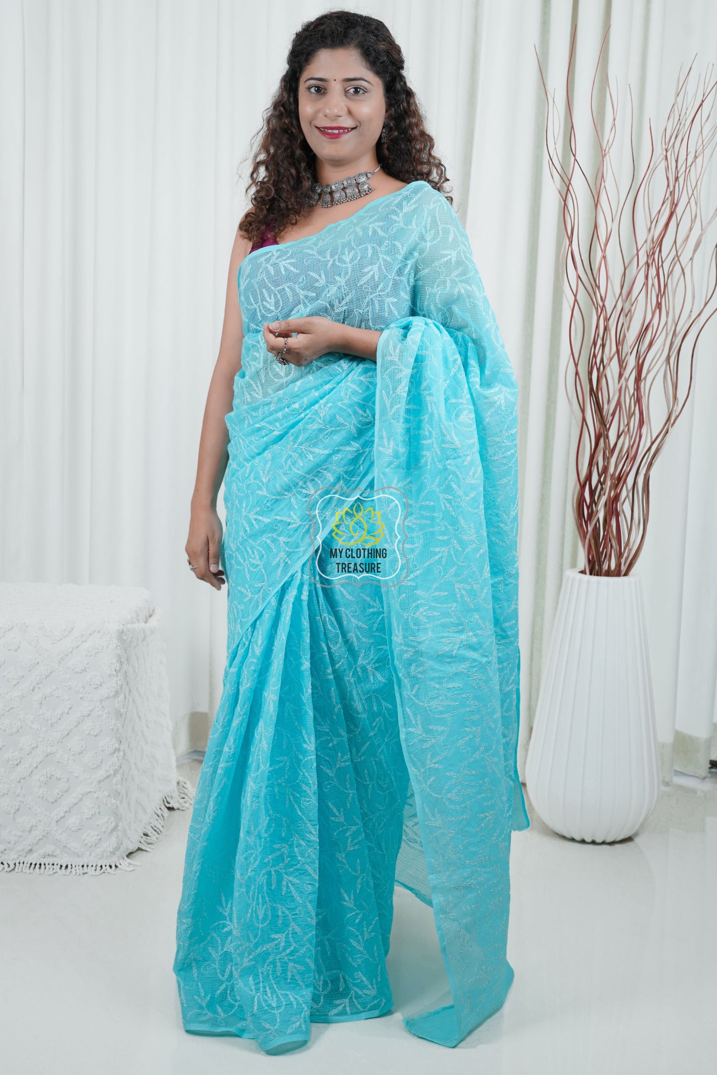 Kota Cotton Saree With Tepchi Chikankari Work-Sky Blue