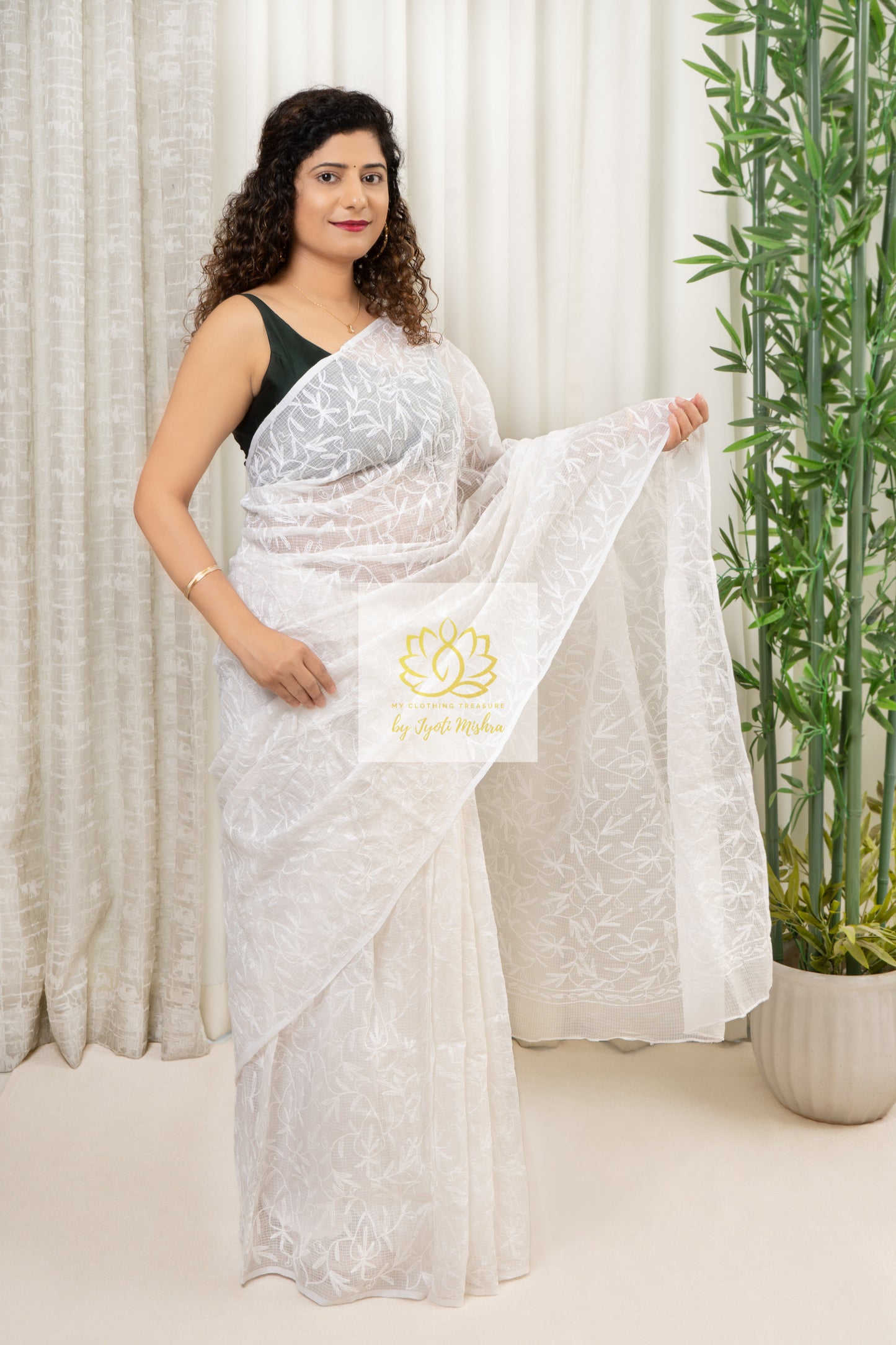 Kota Cotton Saree With Tepchi Chikankari Work- White