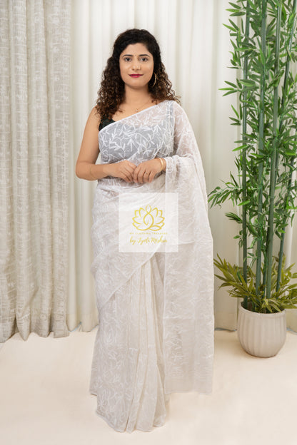 Kota Cotton Saree With Tepchi Chikankari Work- White