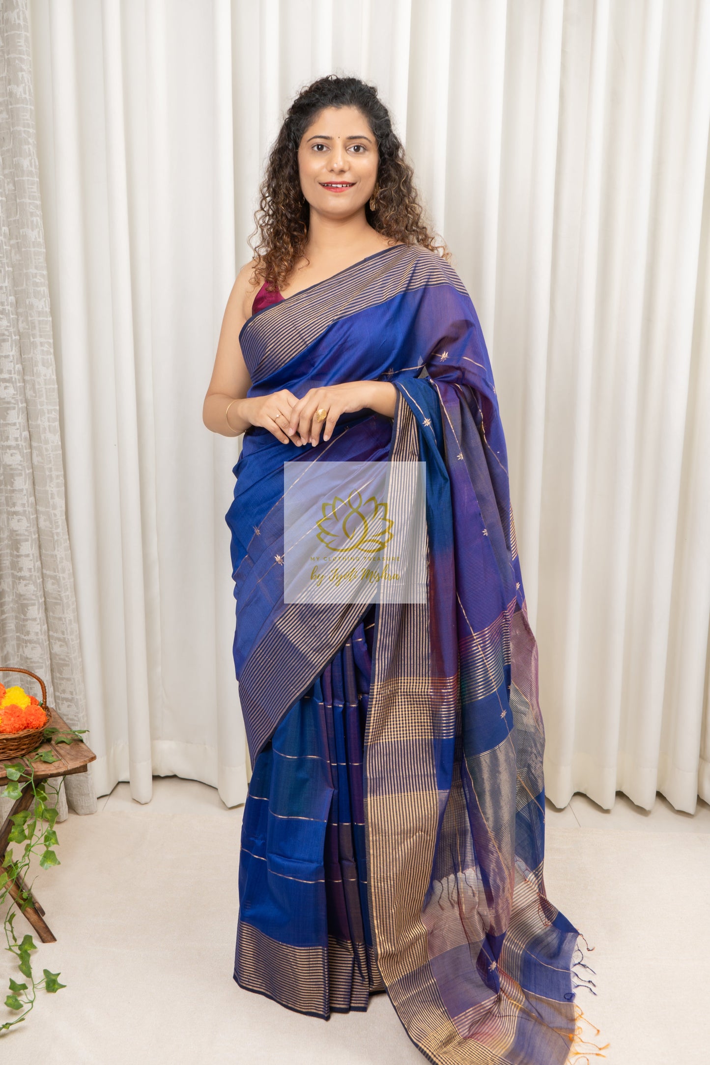 Maheshwari Silk Cotton Ombre Saree - Deep Blue