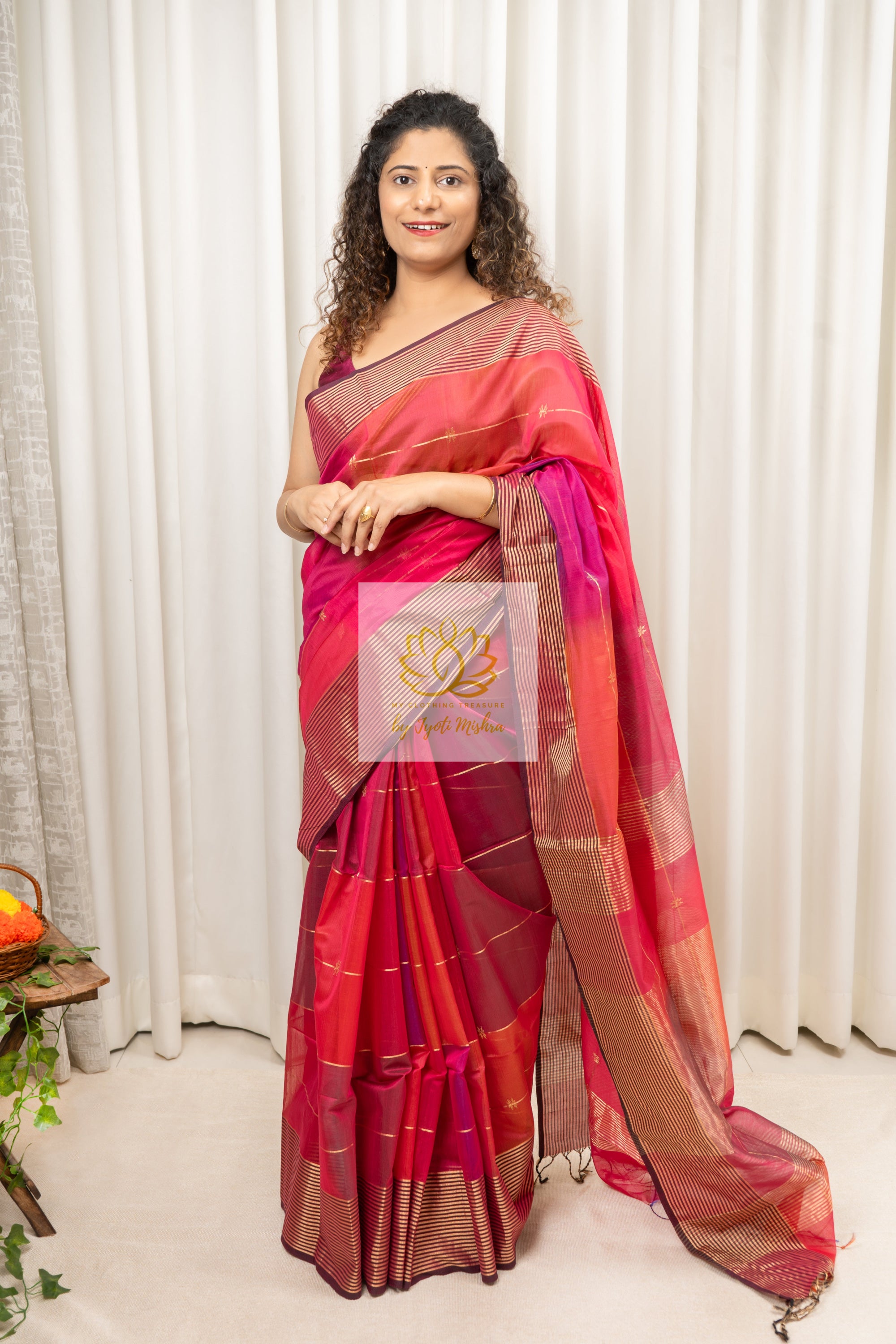 Maheshwari Silk Cotton Ombre Saree - Fuchsia Pink