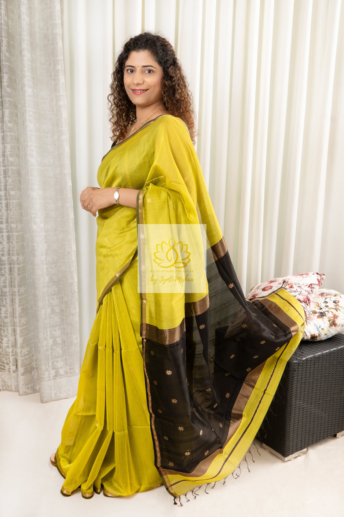 Maheshwari Silk Cotton Saree - Chartreuse Yellow