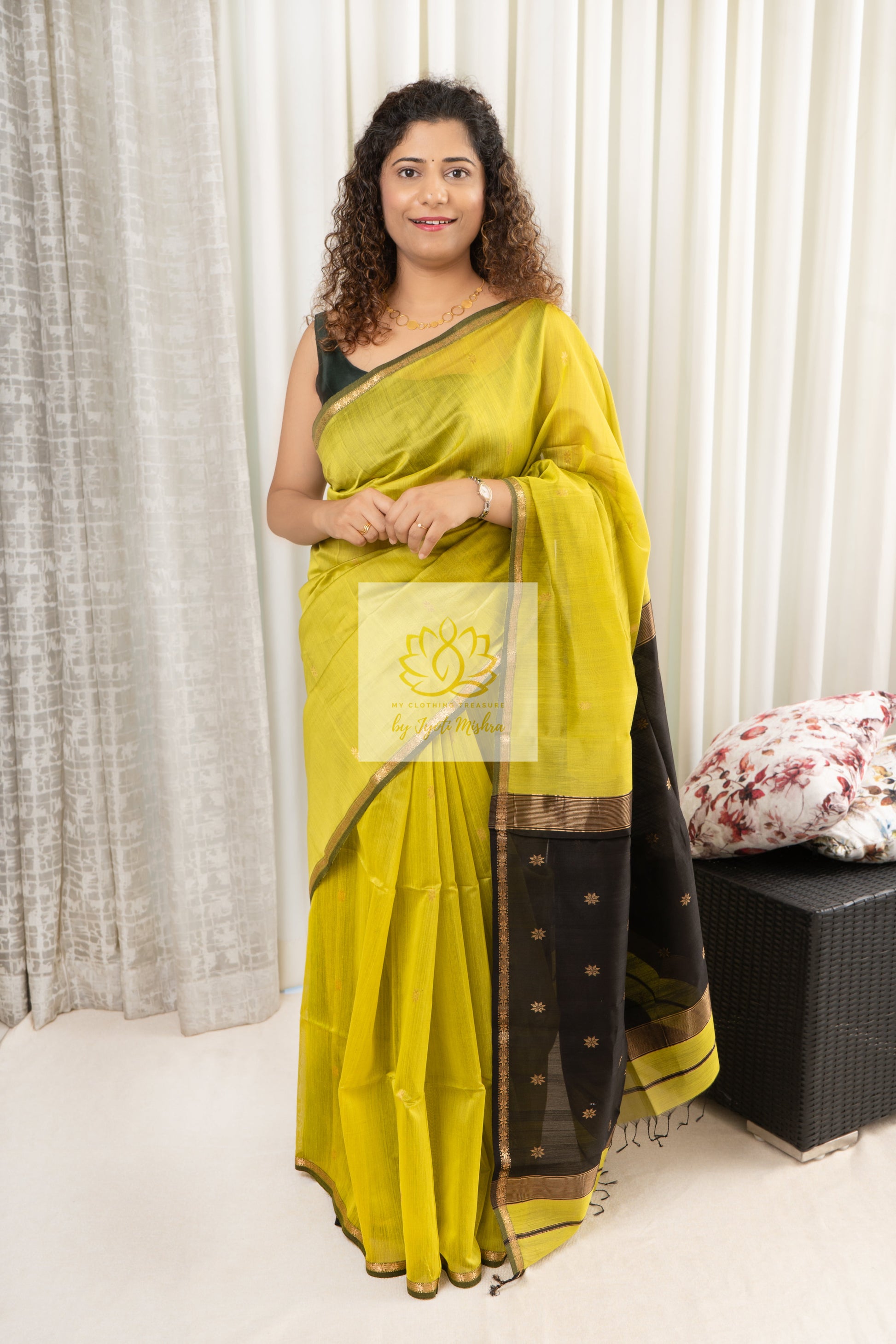 Maheshwari Silk Cotton Saree - Chartreuse Yellow