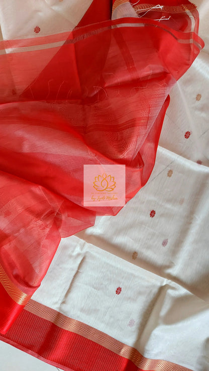 Maheshwari Silk Cotton Saree - Off White- Red