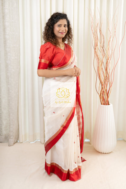 Maheshwari Silk Cotton Saree - Off White- Red