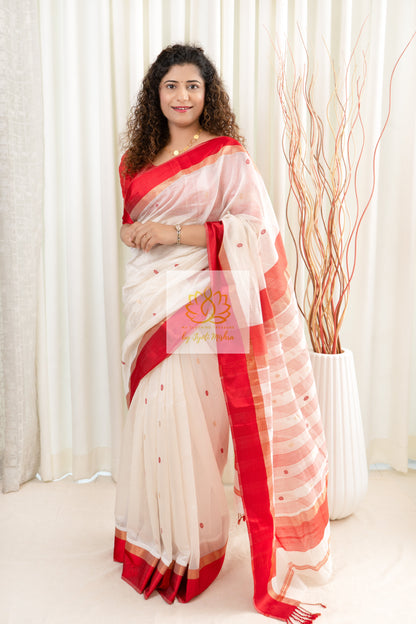 Maheshwari Silk Cotton Saree - Off White- Red