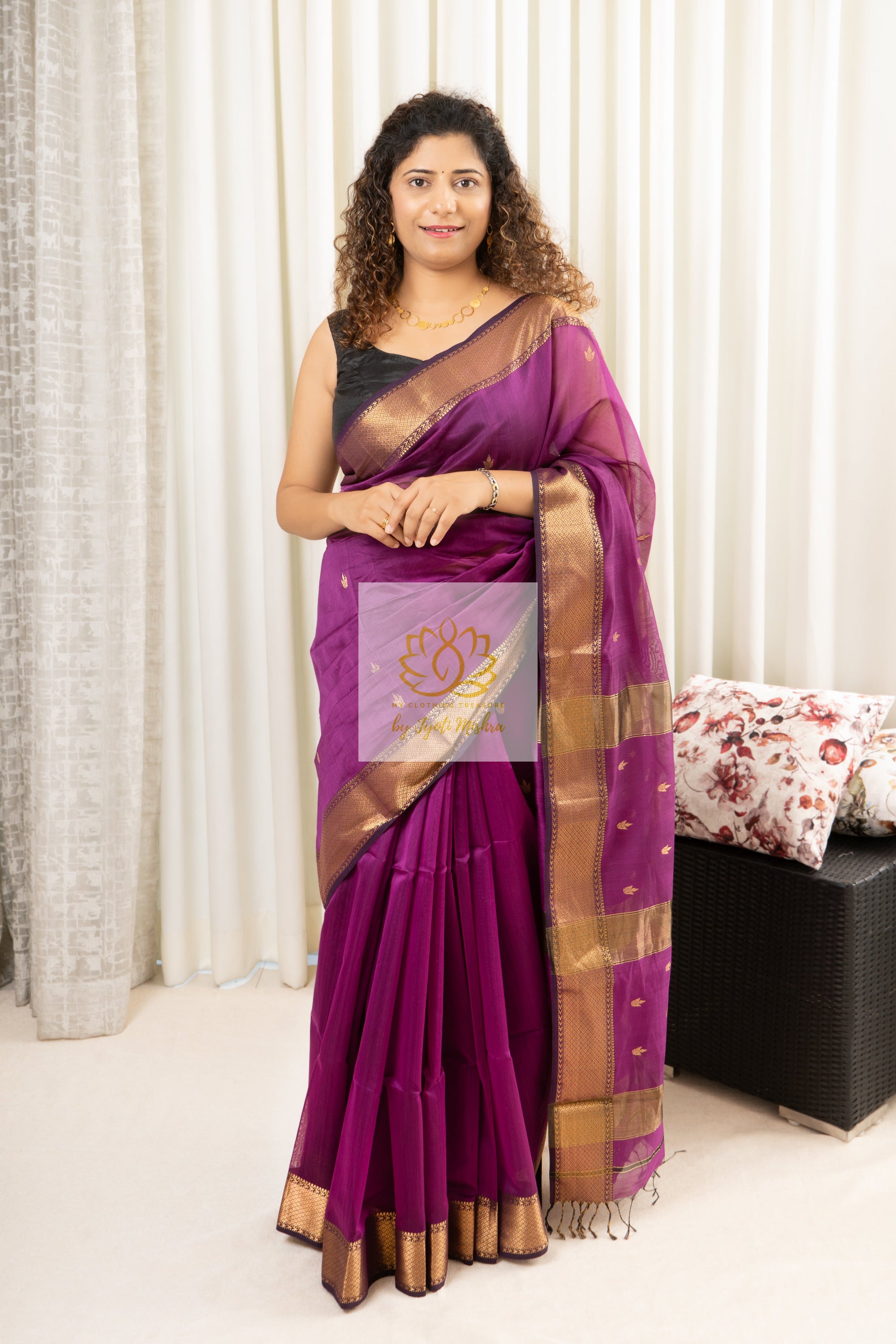 Maheshwari Silk Cotton Saree - Purple