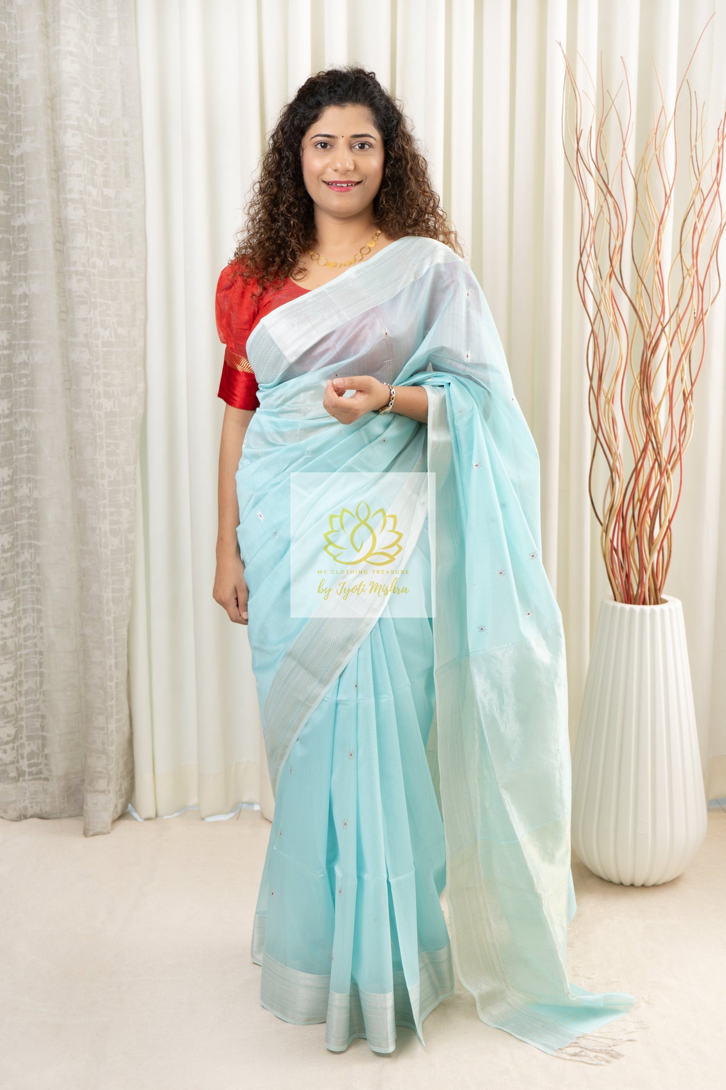 Maheshwari Silk Cotton Saree - Sky Blue