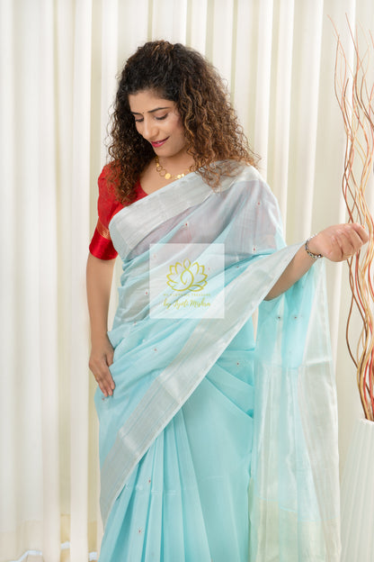 Maheshwari Silk Cotton Saree - Sky Blue