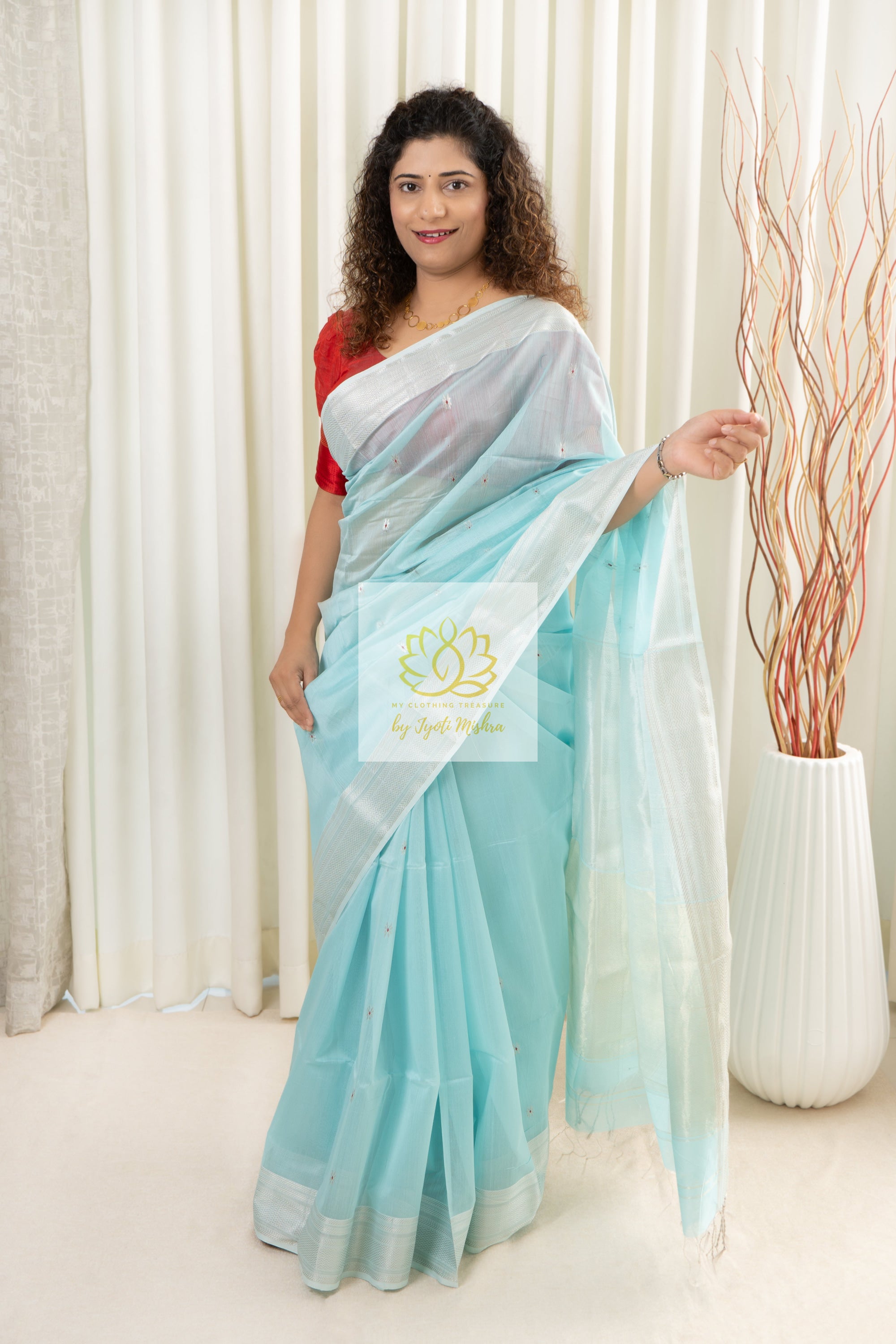 Maheshwari Silk Cotton Saree - Sky Blue