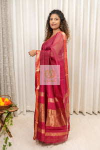 Maheshwari Silk Cotton Zari Checks Saree - Magenta