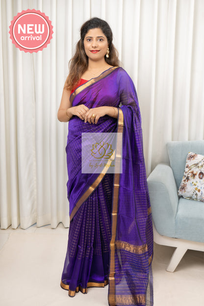 Mangalagiri Pure Silk Cotton Saree With Gold Zari Checks - Deep Indigo