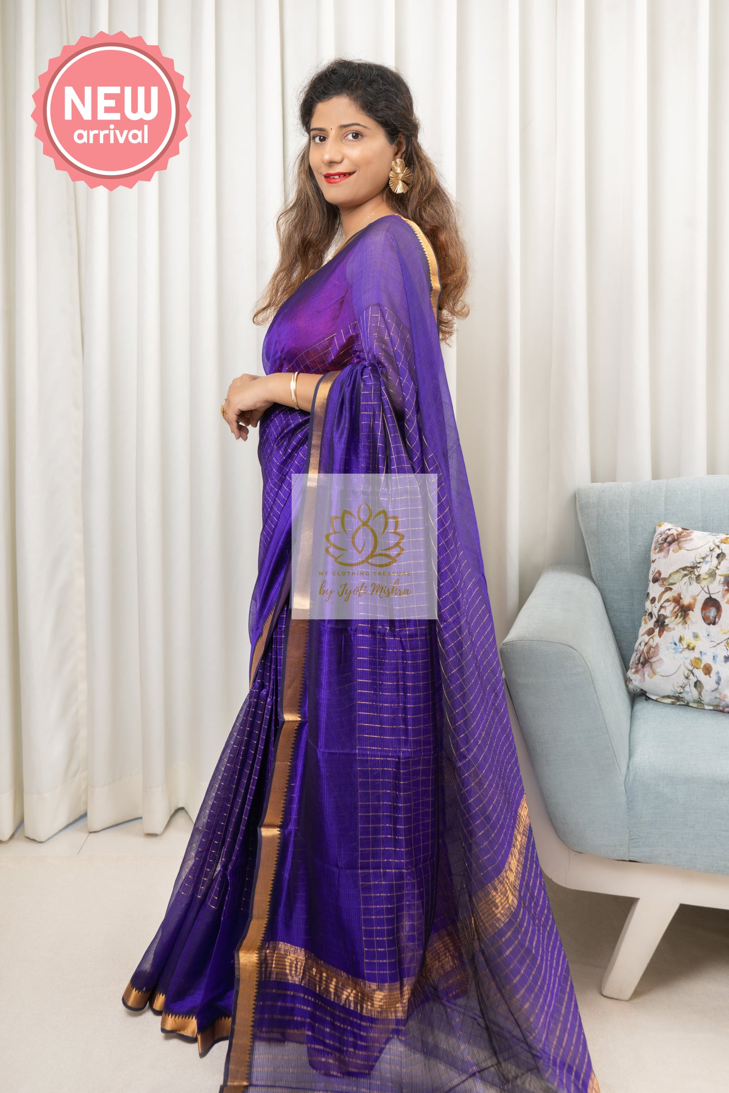 Mangalagiri Pure Silk Cotton Saree With Gold Zari Checks - Deep Indigo