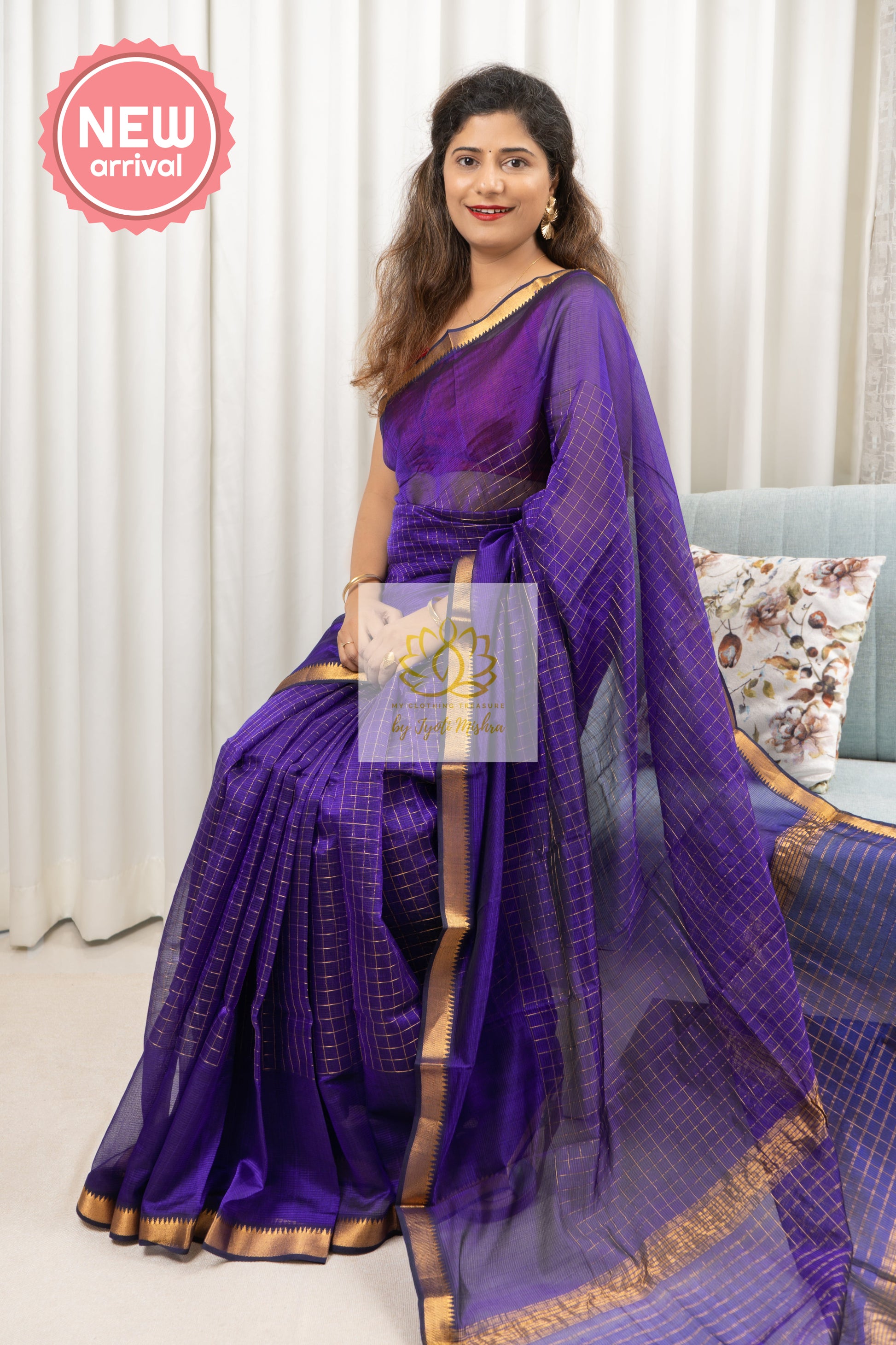 Mangalagiri Pure Silk Cotton Saree With Gold Zari Checks - Deep Indigo