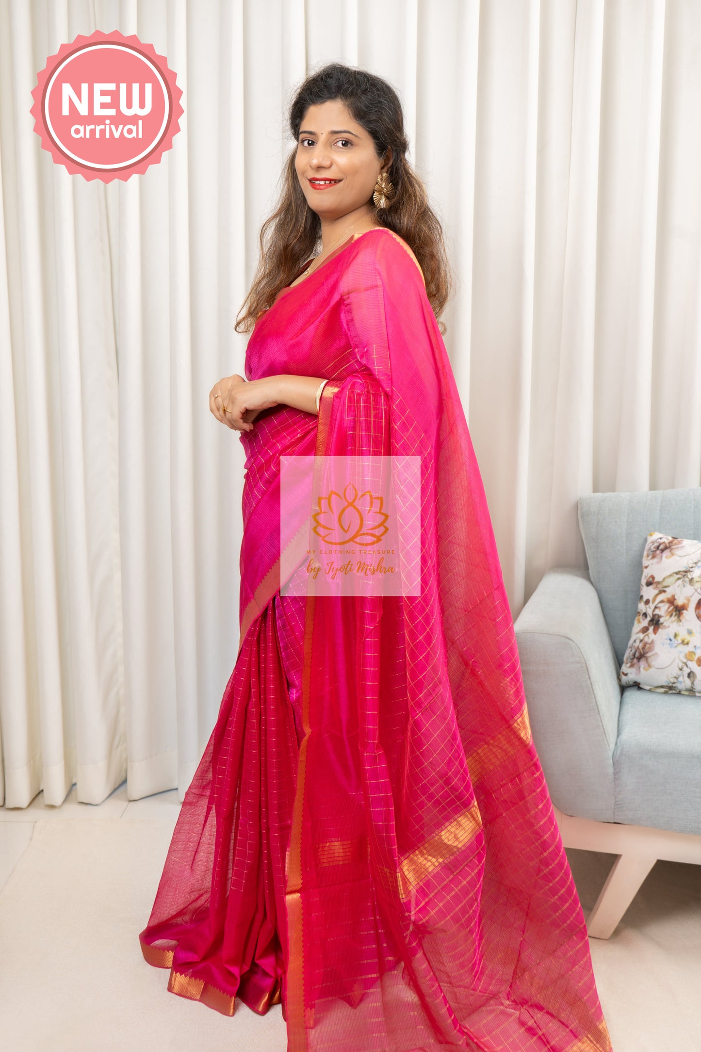 Mangalagiri Pure Silk Cotton Saree With Gold Zari Checks - Deep Pink