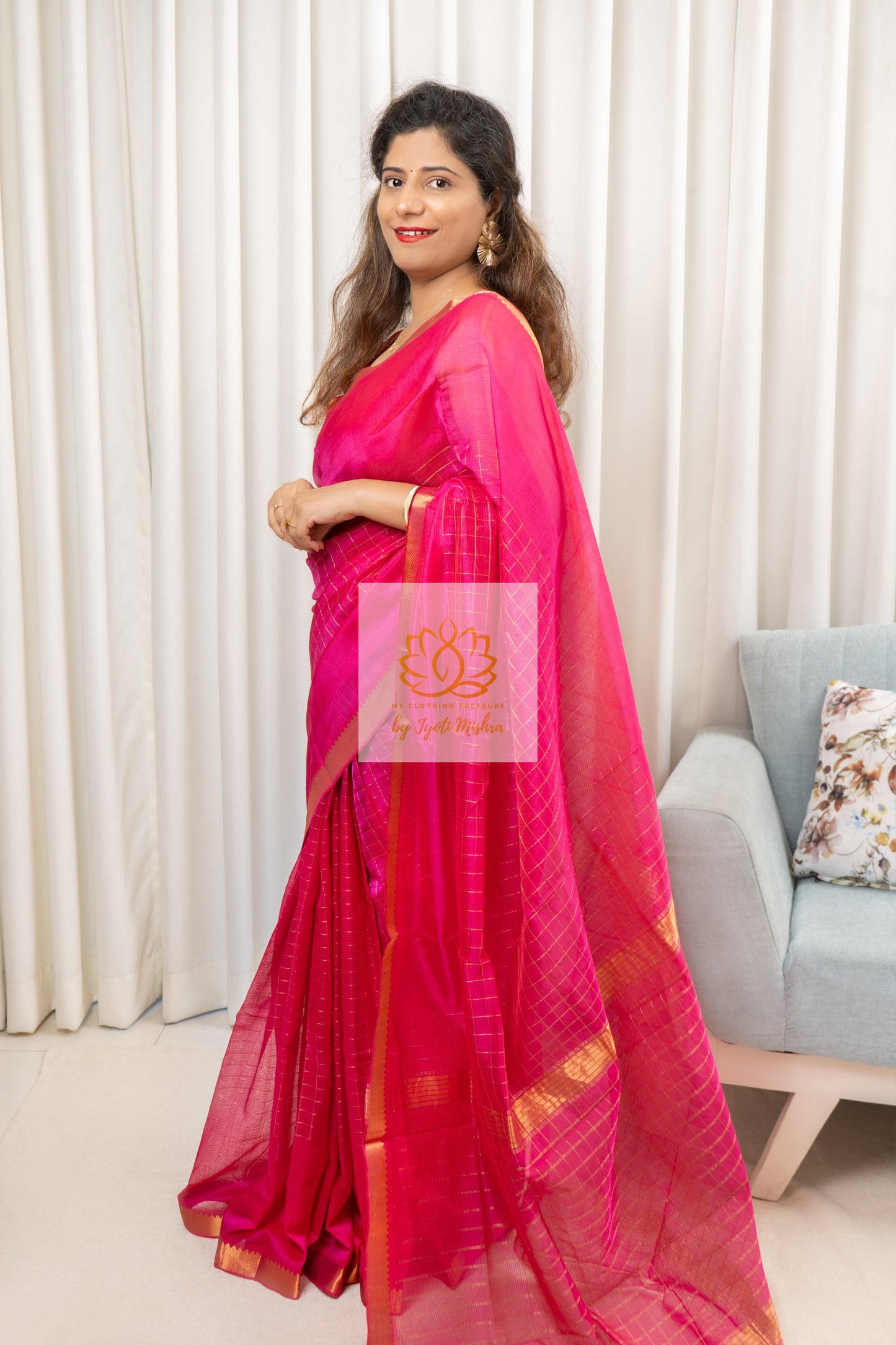 Mangalagiri Pure Silk Cotton Saree With Gold Zari Checks - Deep Pink