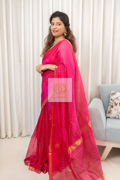 Mangalagiri Pure Silk Cotton Saree With Gold Zari Checks - Deep Pink