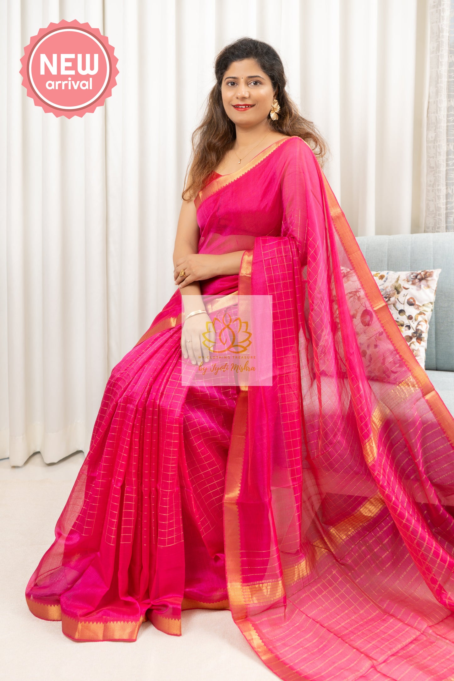 Mangalagiri Pure Silk Cotton Saree With Gold Zari Checks - Deep Pink