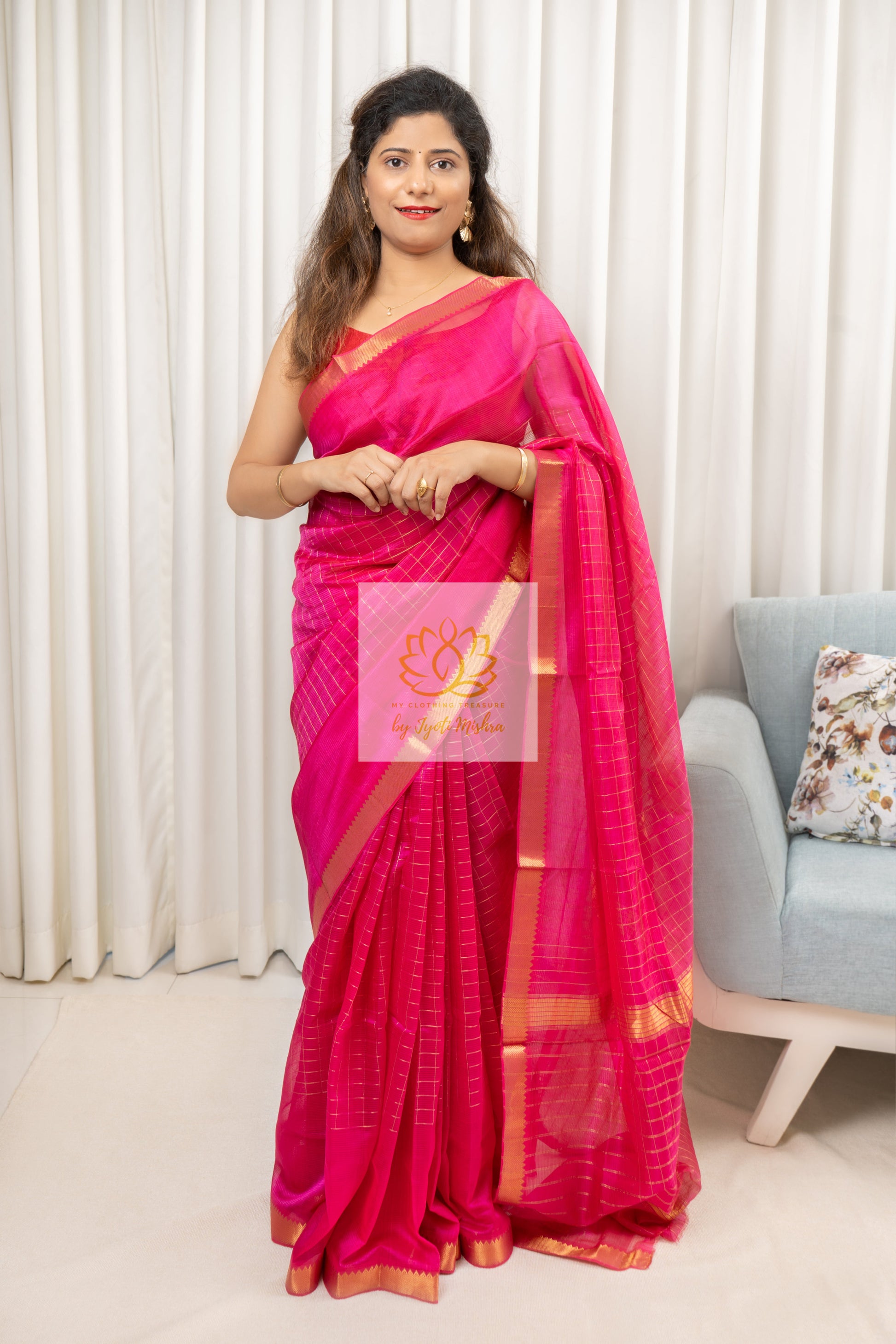 Mangalagiri Pure Silk Cotton Saree With Gold Zari Checks - Deep Pink