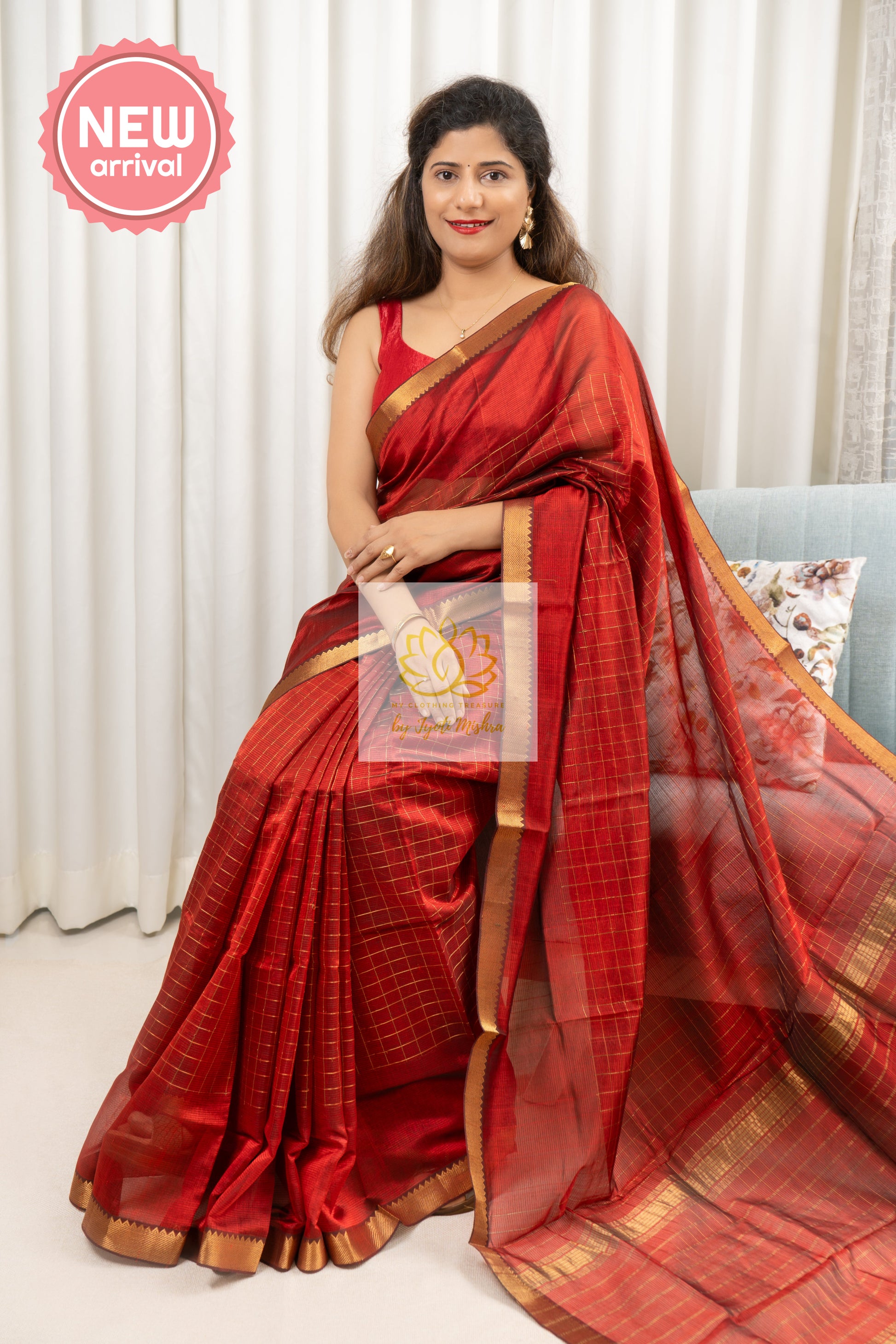 Mangalagiri Pure Silk Cotton Saree With Gold Zari Checks - Maroon