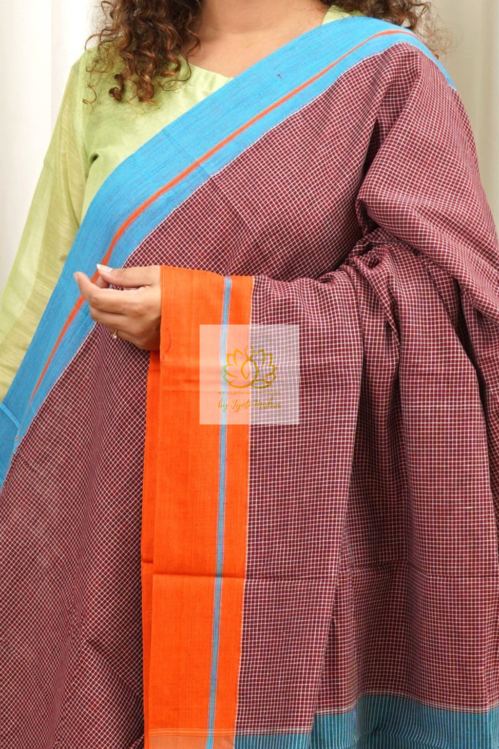 Maroon Patteda Anchu Cotton Saree With Ganga Jamuna Border-Blue-Orange