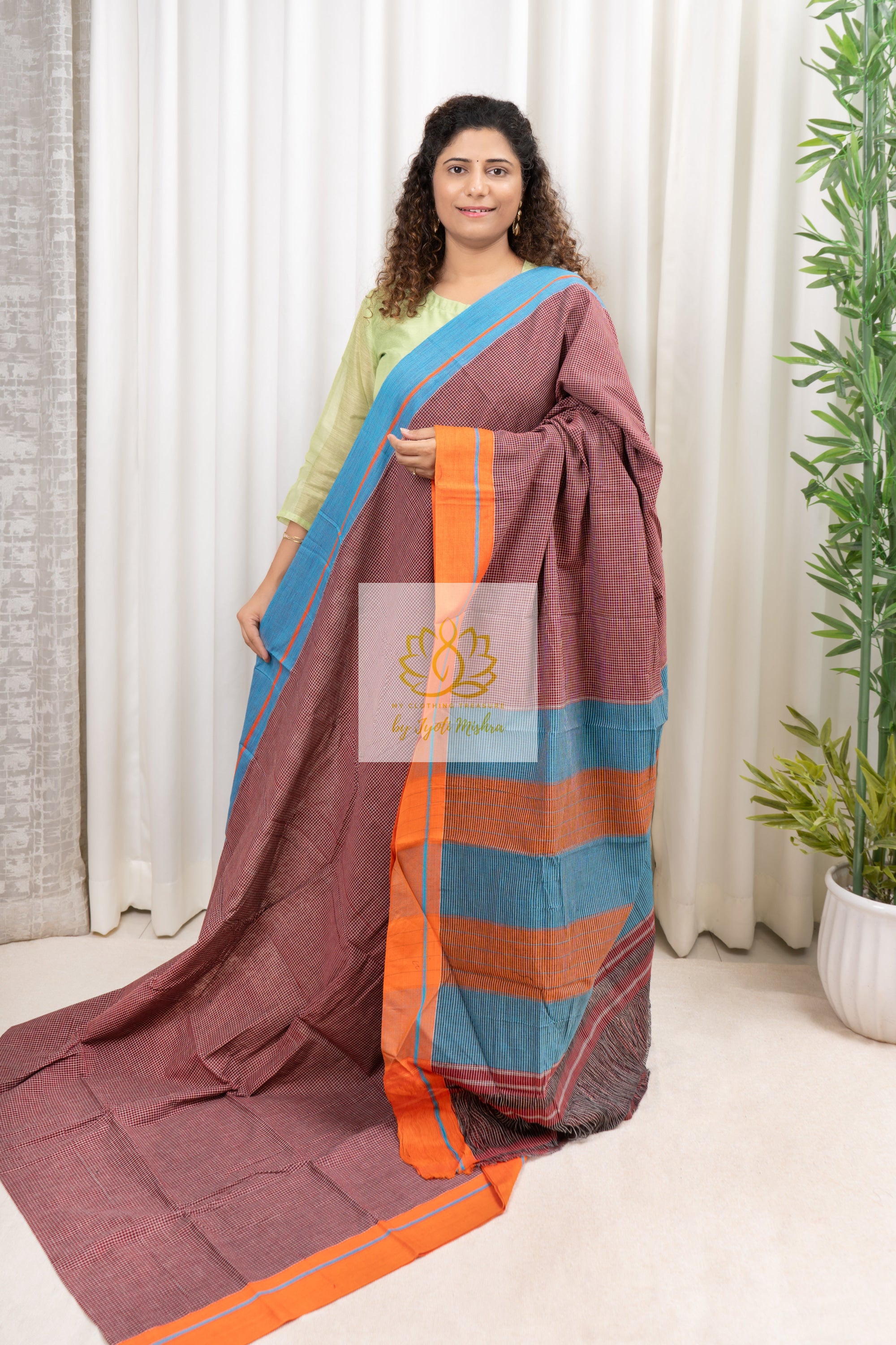 Maroon Patteda Anchu Cotton Saree With Ganga Jamuna Border-Blue-Orange