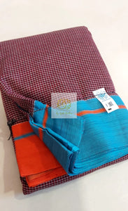 Maroon Patteda Anchu Cotton Saree With Ganga Jamuna Border-Blue-Orange