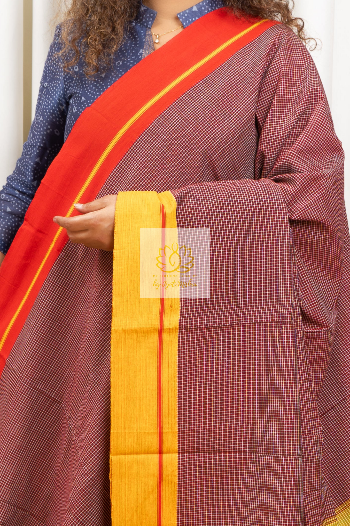 Maroon Patteda Anchu Cotton Saree With Ganga Jamuna Border-Red Yellow