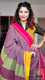 Load image into Gallery viewer, Maroon Patteda Anchu Cotton Saree With Ganga Jamuna Border - Red Yellow
