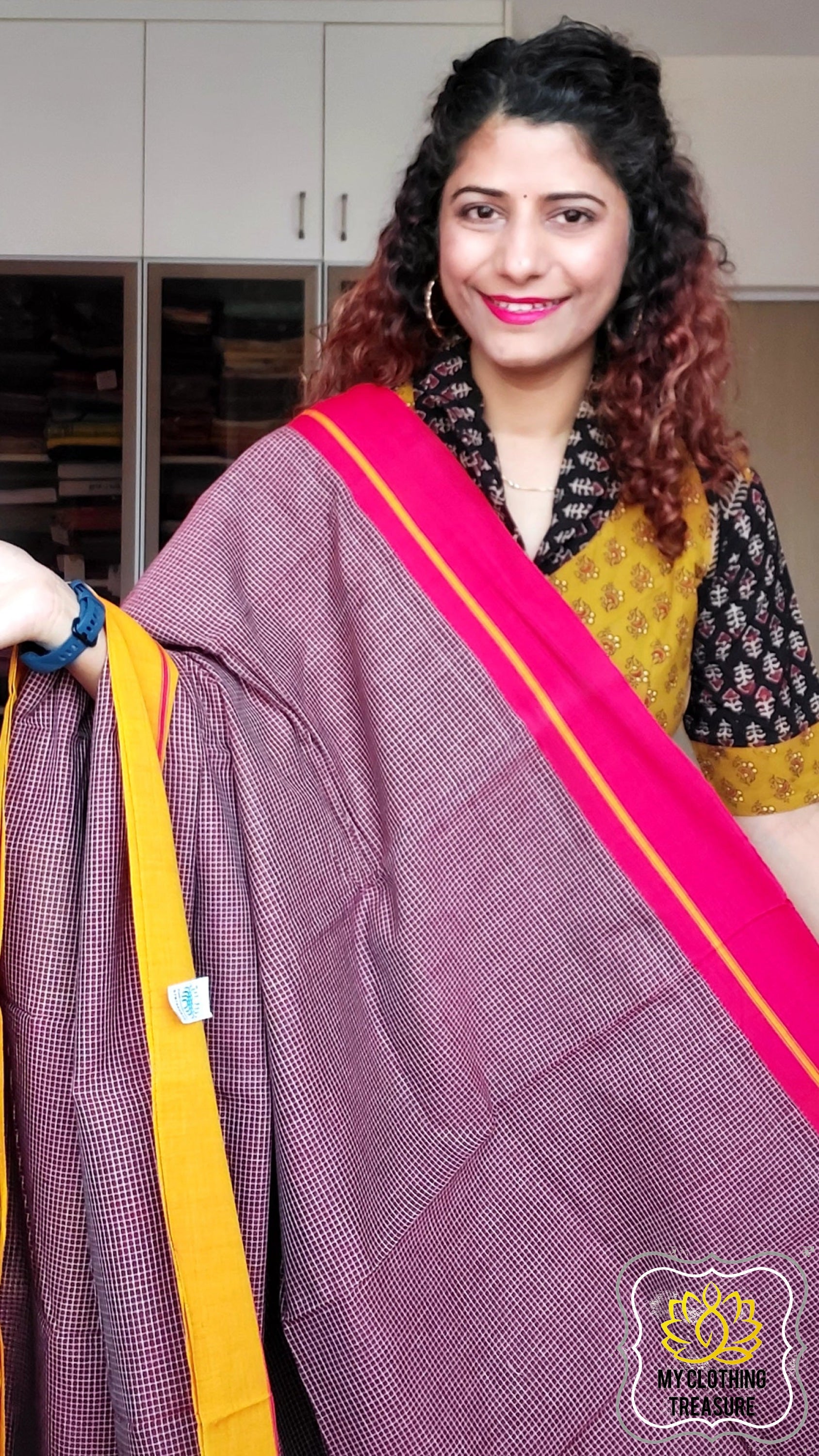 Maroon Patteda Anchu Cotton Saree With Ganga Jamuna Border - Red Yellow