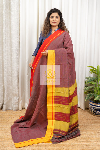 Maroon Patteda Anchu Cotton Saree With Ganga Jamuna Border-Red Yellow