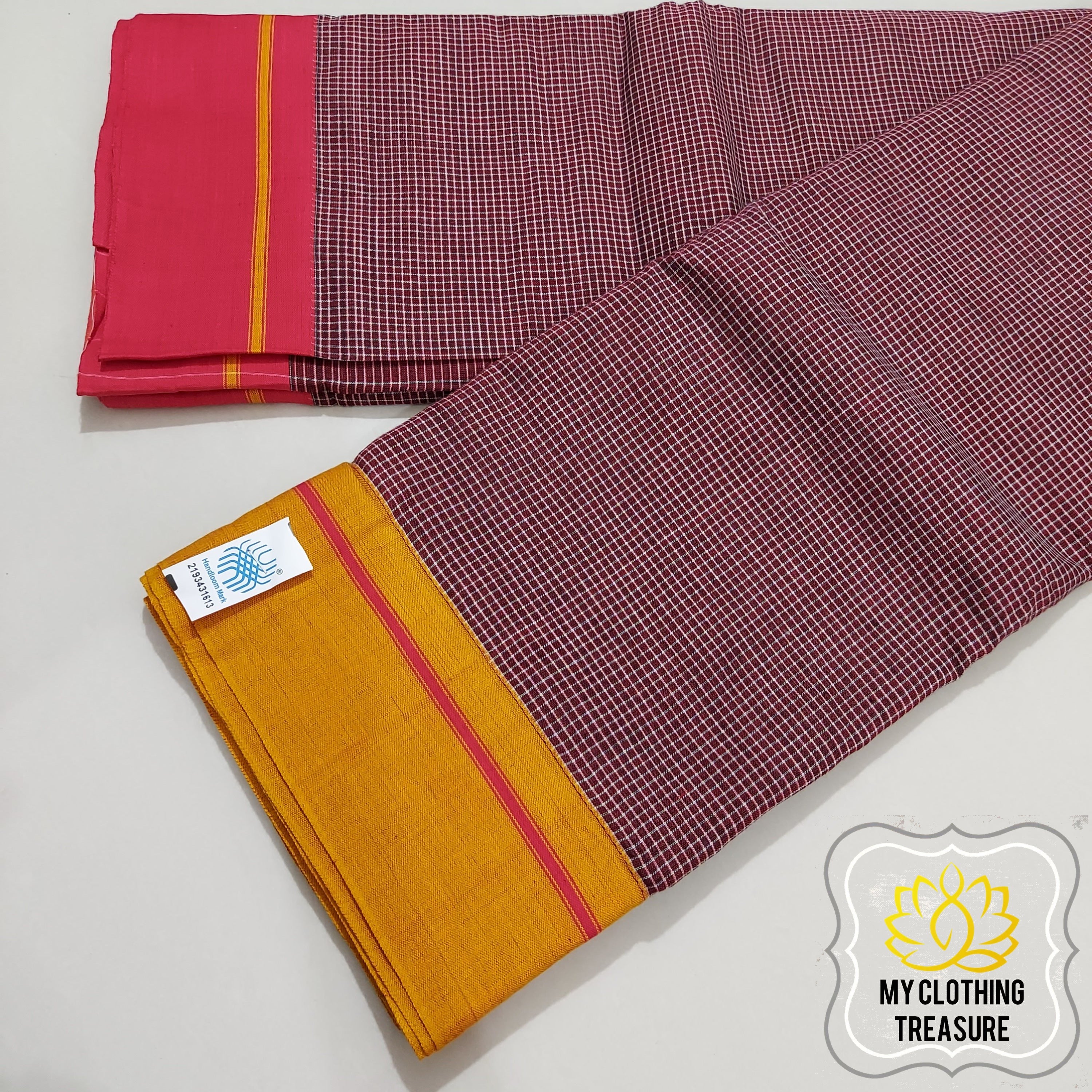 Maroon Patteda Anchu Cotton Saree With Ganga Jamuna Border-Red Yellow